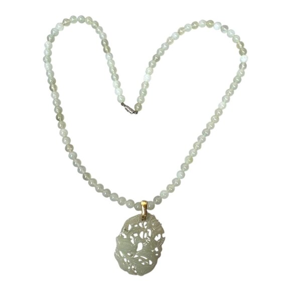 Vintage Carved Green Celadon Jade Pendant Necklace Beaded Strand Gold-Tone 20" - Picture 9 of 9